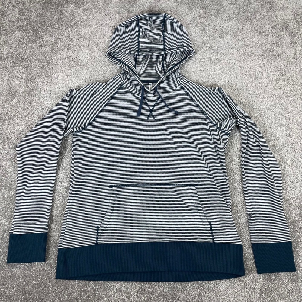 Kuhl Stria Hoodie Womens Small Blue White Striped Pullover Nautical Pocket Beach